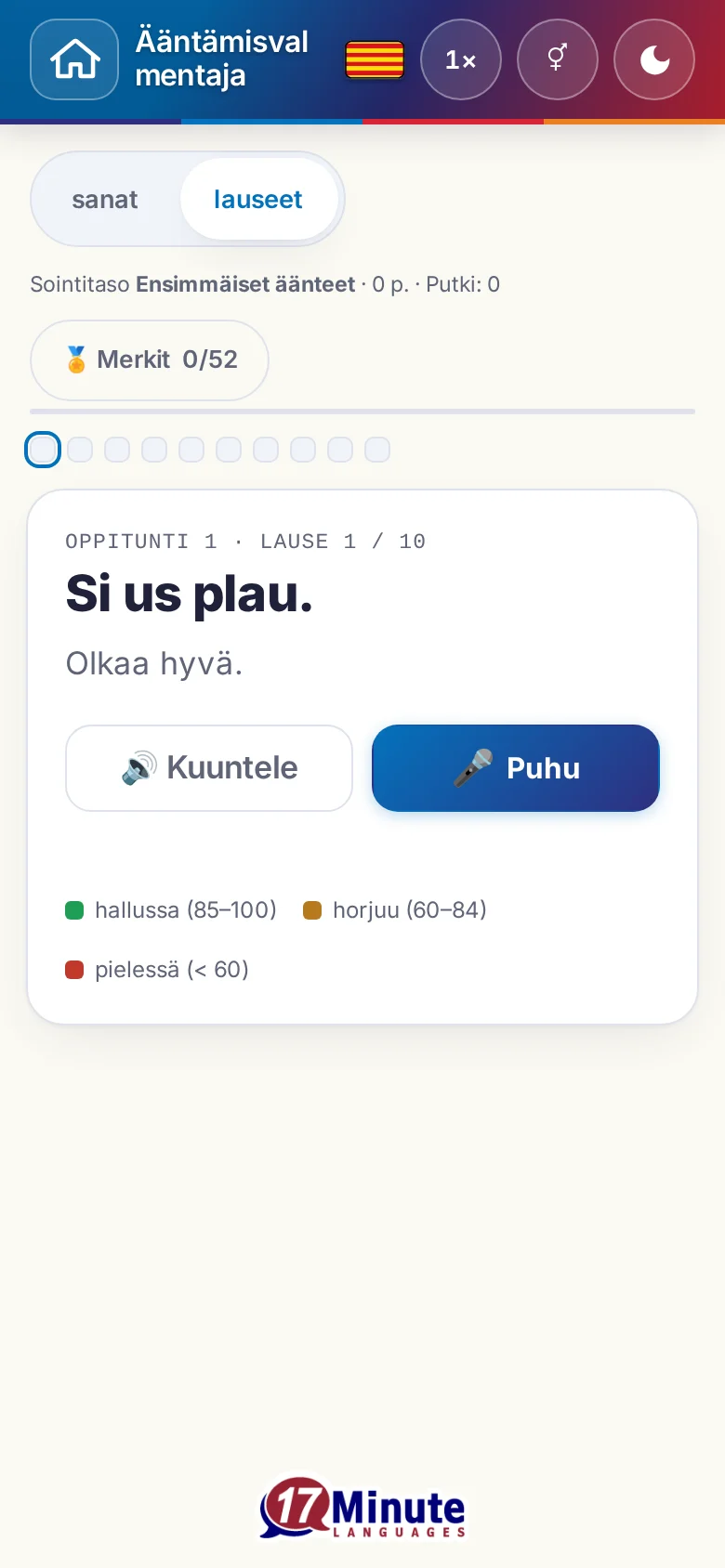 Puhelin: käynnistetty ääntämisharjoitus kohdelauseineen ja arvioinnin väriselitteineen.