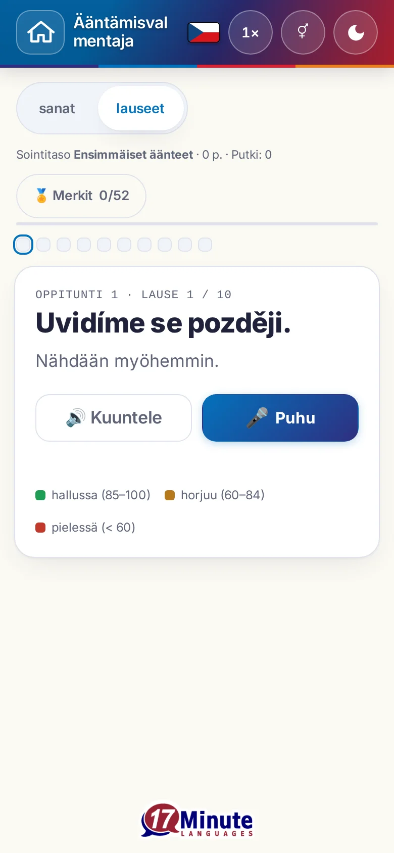 Puhelin: käynnistetty ääntämisharjoitus kohdelauseineen ja arvioinnin väriselitteineen.