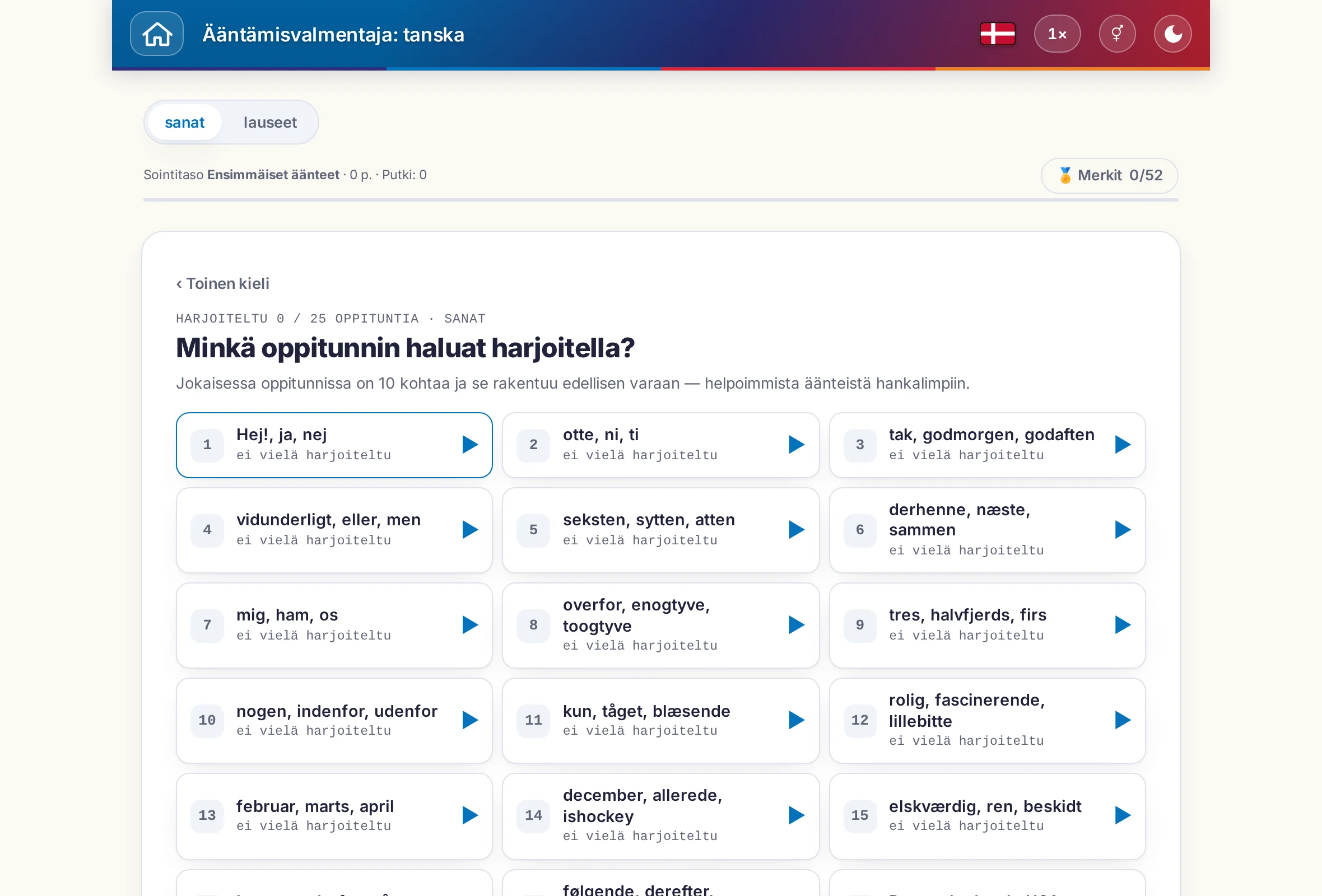 Ääntämisvalmentaja: vaihtokytkin sanojen ja lauseiden välillä, pistetilanne ja merkit.