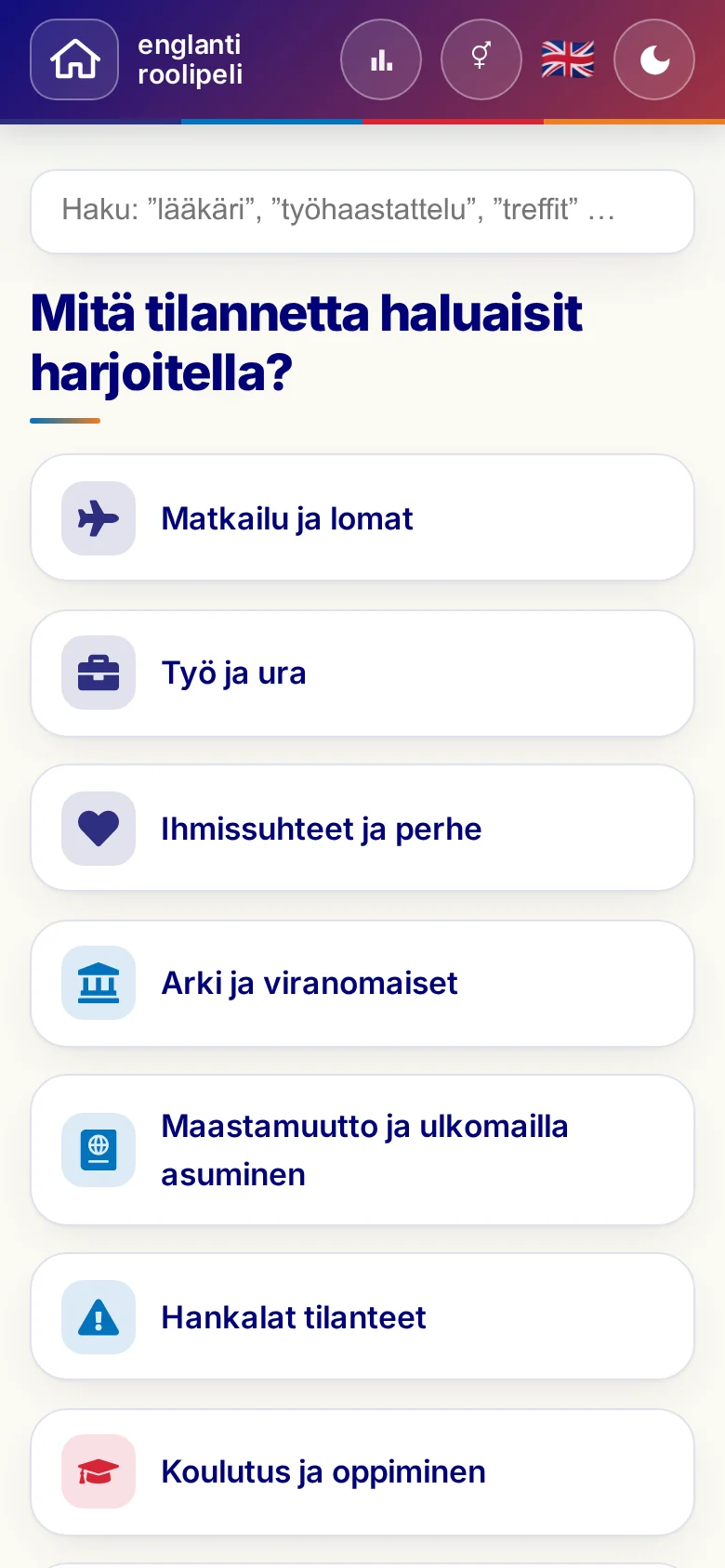 Puhelin: roolipelien elämäntilanteet.