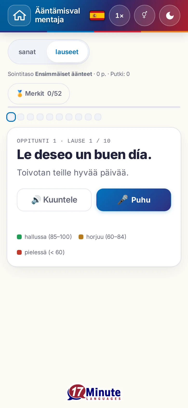Puhelin: käynnistetty ääntämisharjoitus kohdelauseineen ja arvioinnin väriselitteineen.