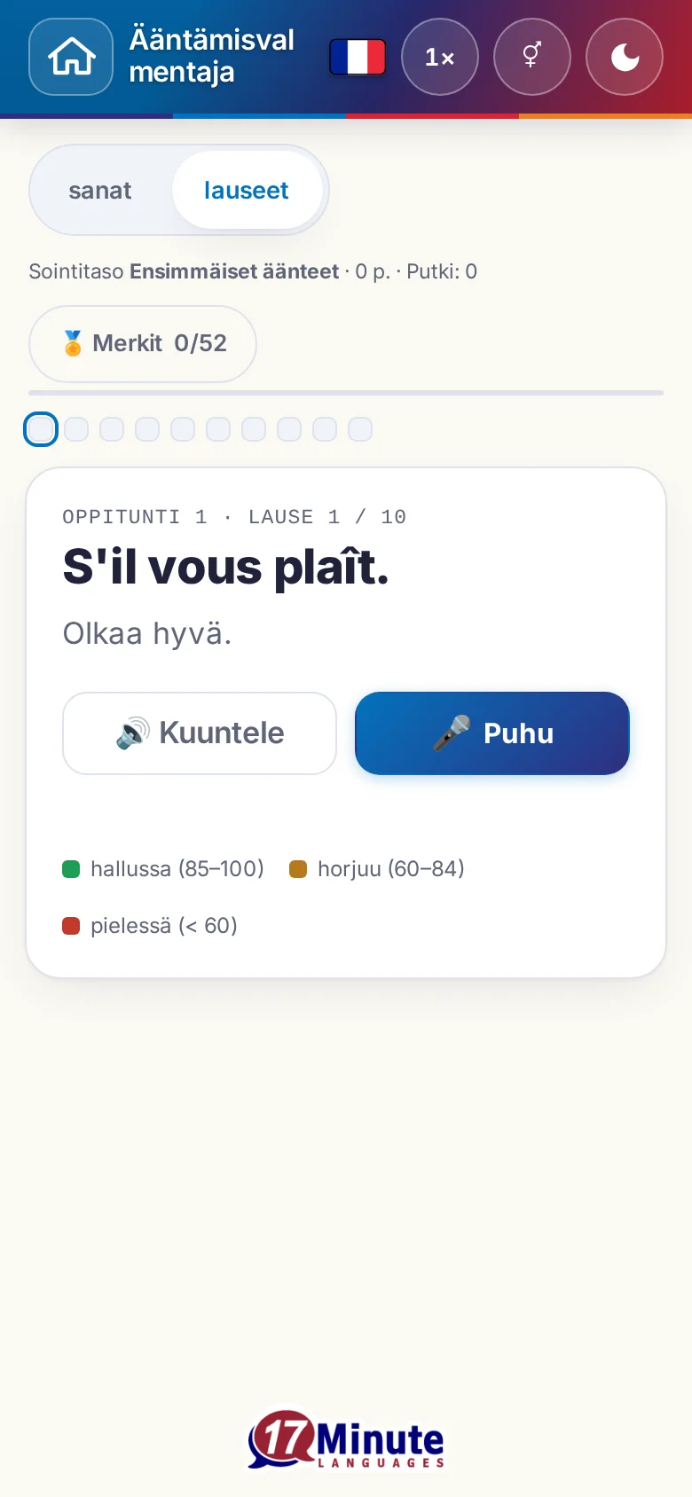 Puhelin: käynnistetty ääntämisharjoitus kohdelauseineen ja arvioinnin väriselitteineen.