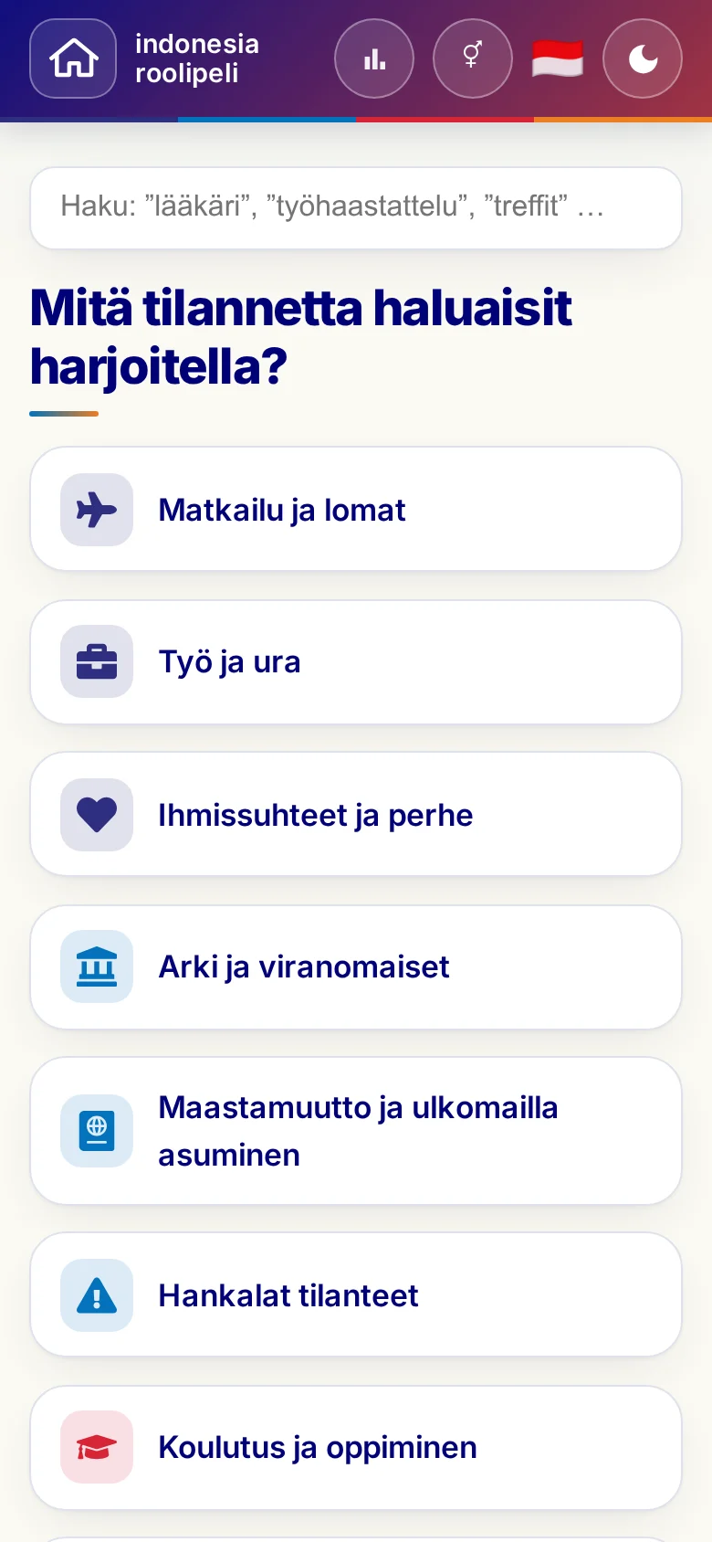 Puhelin: roolipelien elämäntilanteet.