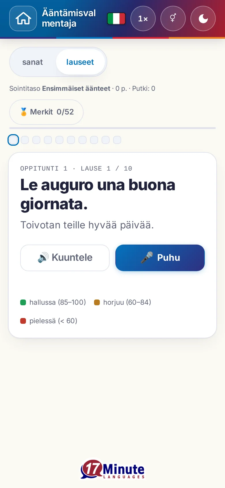 Puhelin: käynnistetty ääntämisharjoitus kohdelauseineen ja arvioinnin väriselitteineen.