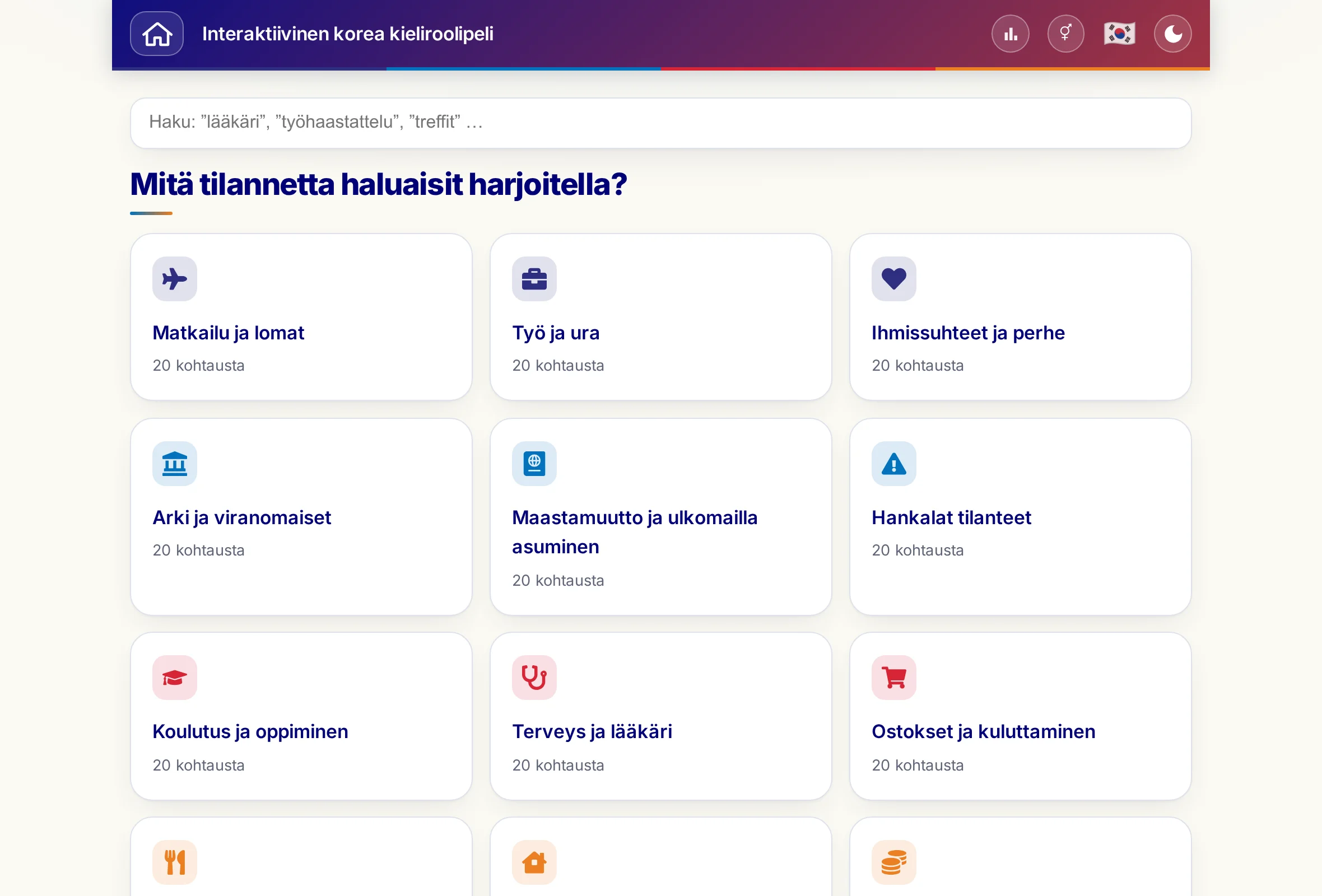 Roolipelit: hakukenttä ja 15 elämäntilannetta.