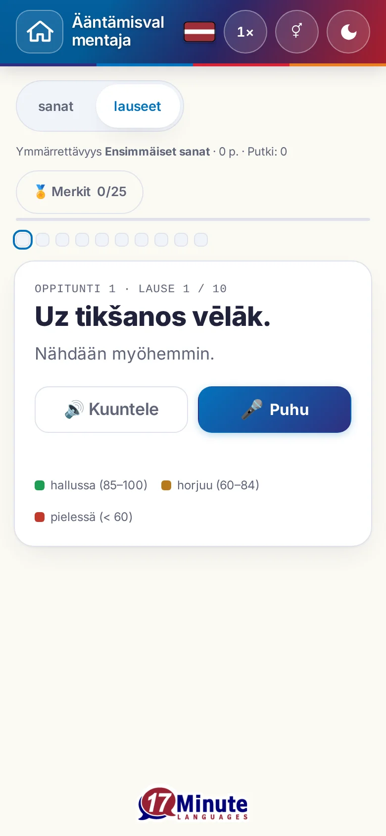 Puhelin: käynnistetty ääntämisharjoitus kohdelauseineen ja arvioinnin väriselitteineen.
