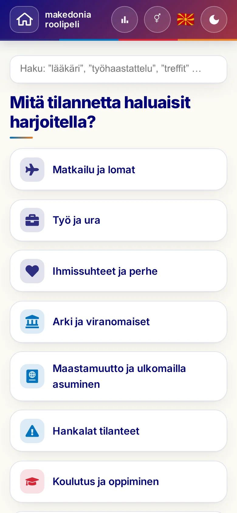 Puhelin: roolipelien elämäntilanteet.