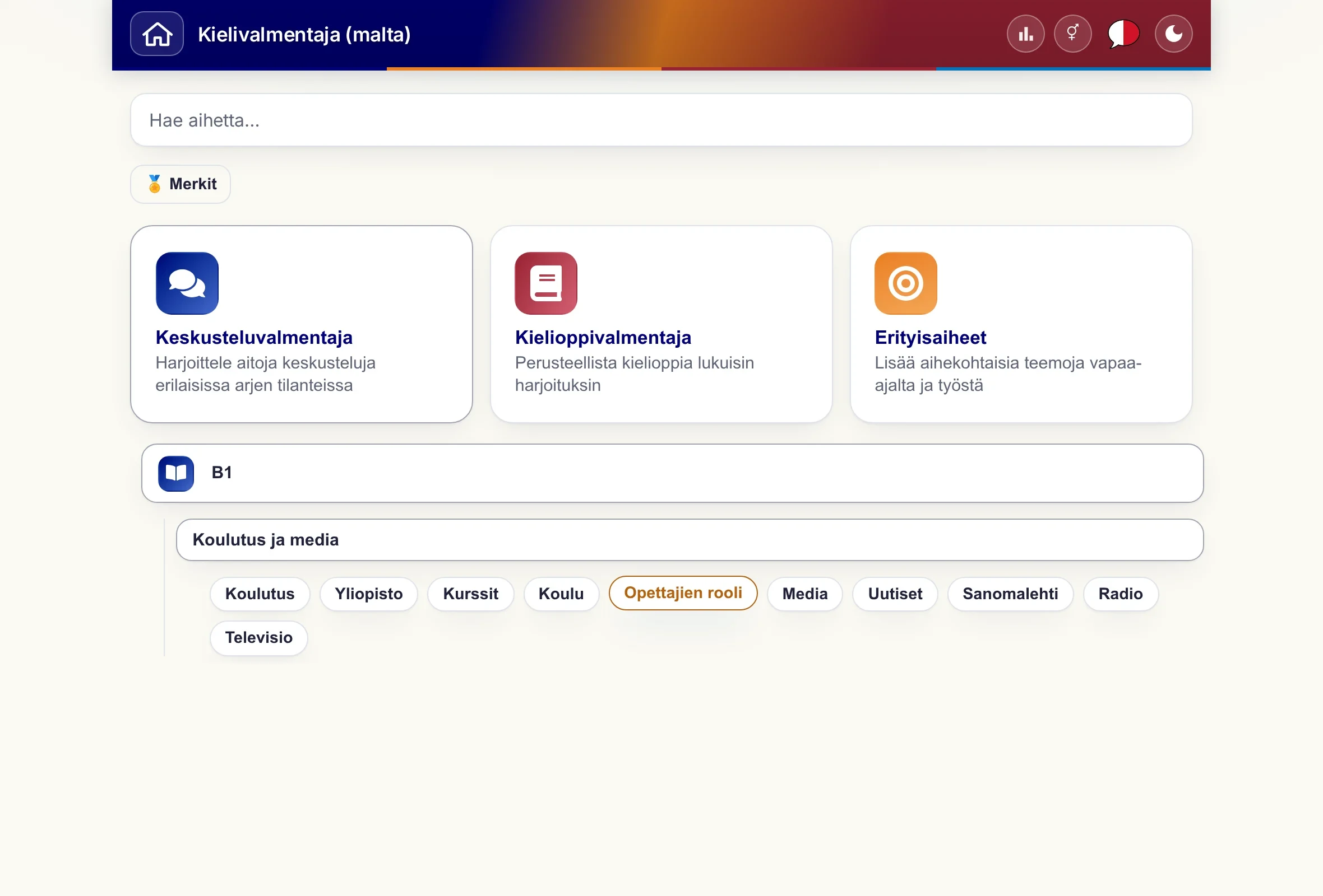 Coach avattuine aihevalikkoineen: taso, aihepiiri ja yksittäiset aiheet.