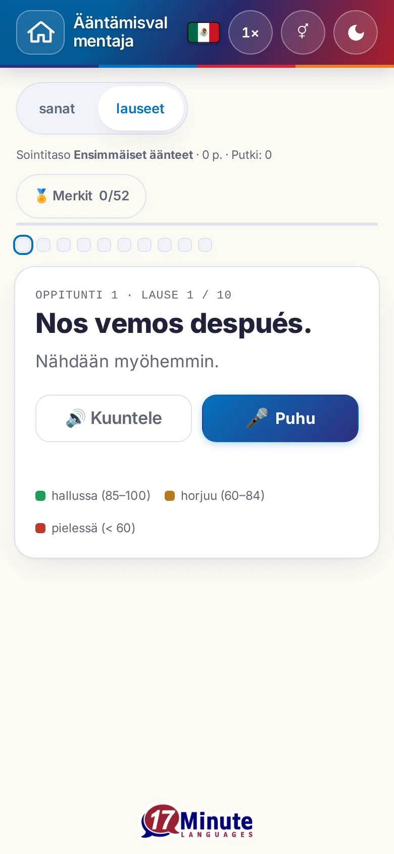 Puhelin: käynnistetty ääntämisharjoitus kohdelauseineen ja arvioinnin väriselitteineen.