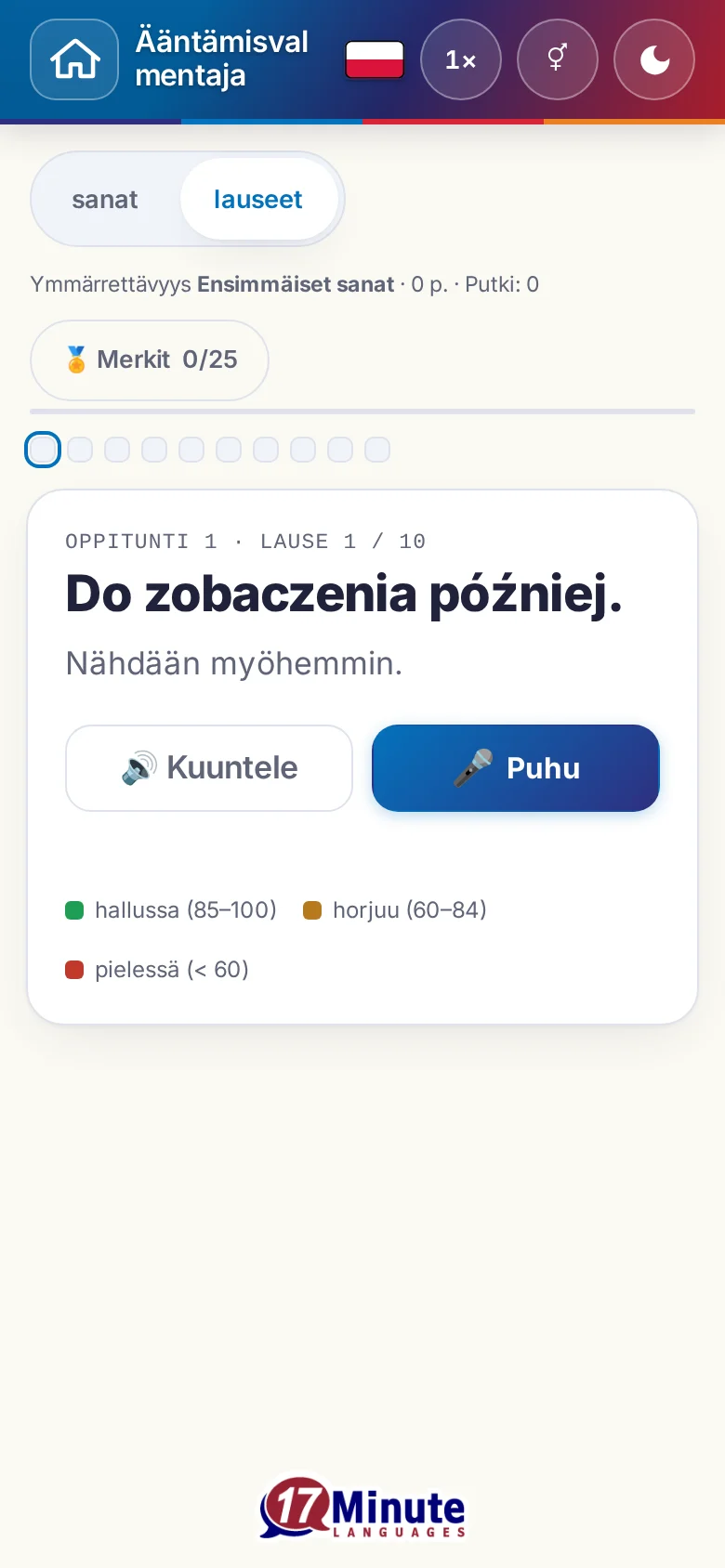 Puhelin: käynnistetty ääntämisharjoitus kohdelauseineen ja arvioinnin väriselitteineen.