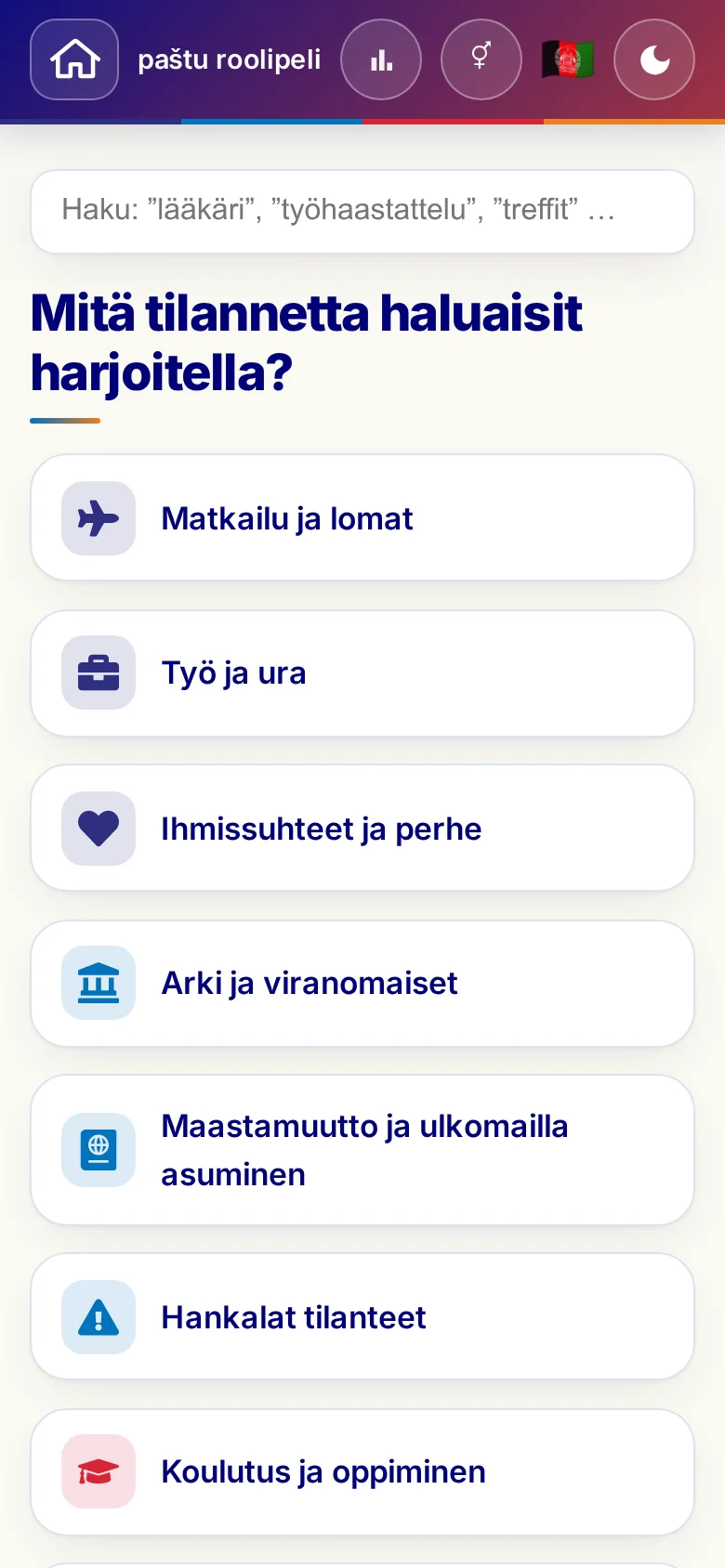 Puhelin: roolipelien elämäntilanteet.