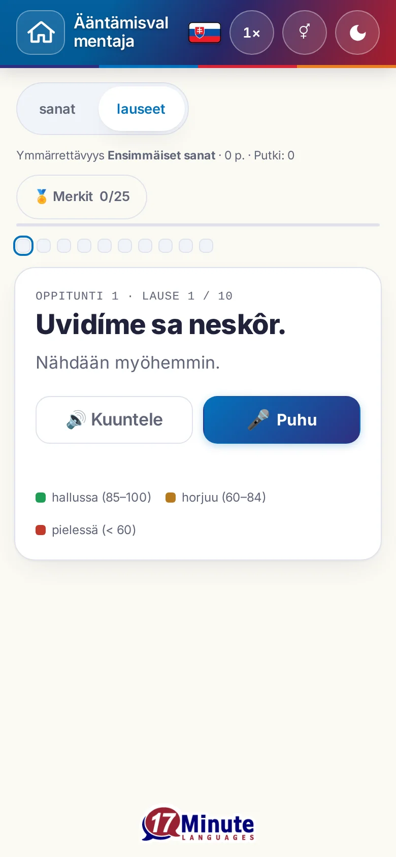 Puhelin: käynnistetty ääntämisharjoitus kohdelauseineen ja arvioinnin väriselitteineen.