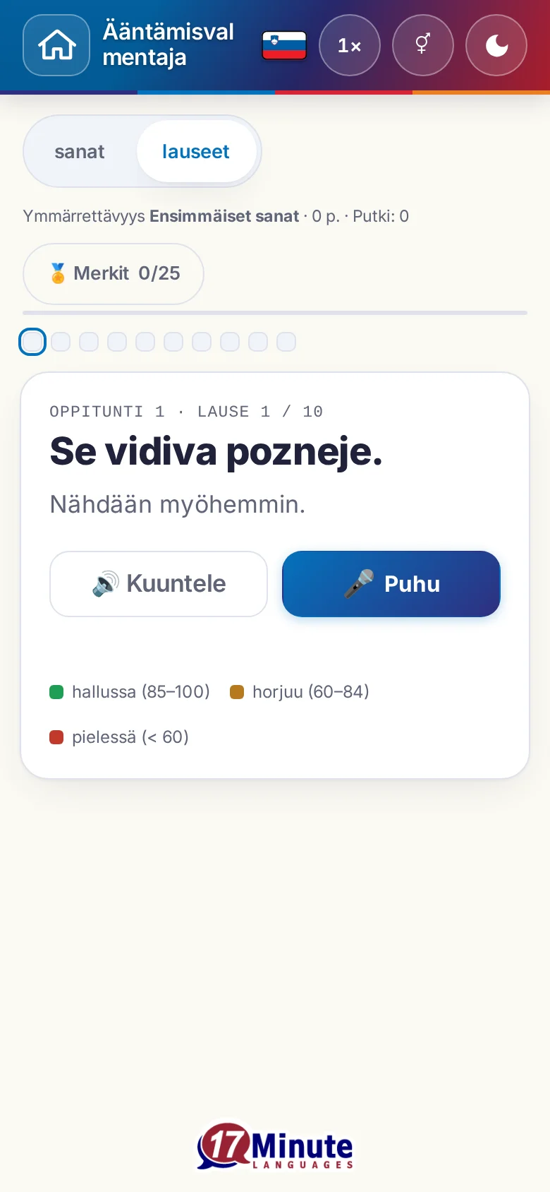 Puhelin: käynnistetty ääntämisharjoitus kohdelauseineen ja arvioinnin väriselitteineen.