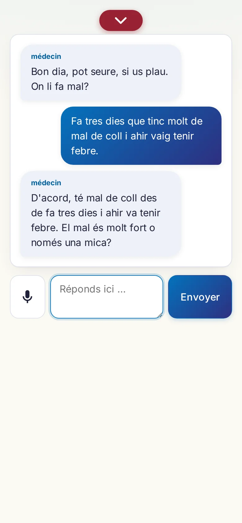 Mobile : une conversation en cours avec saisie au micro.