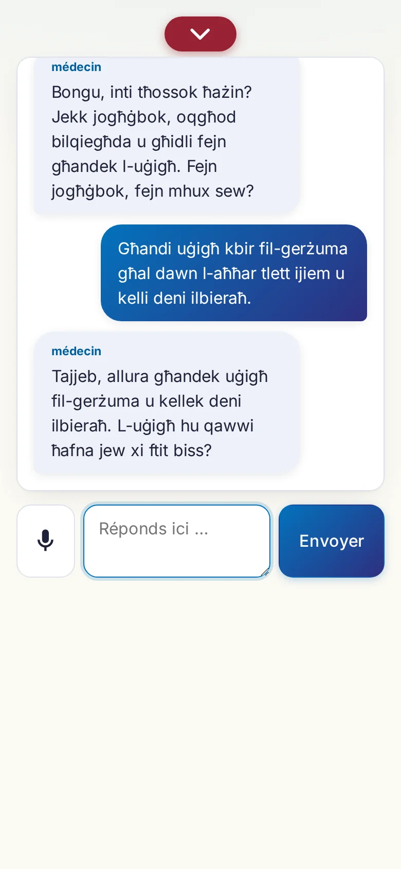 Mobile : une conversation en cours avec saisie au micro.