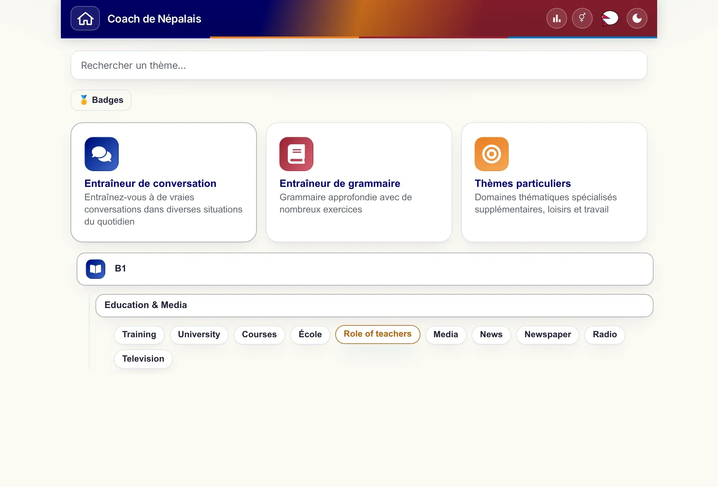Le Coach avec le menu des thèmes déployé&nbsp;: niveau, univers thématique et les différents thèmes.