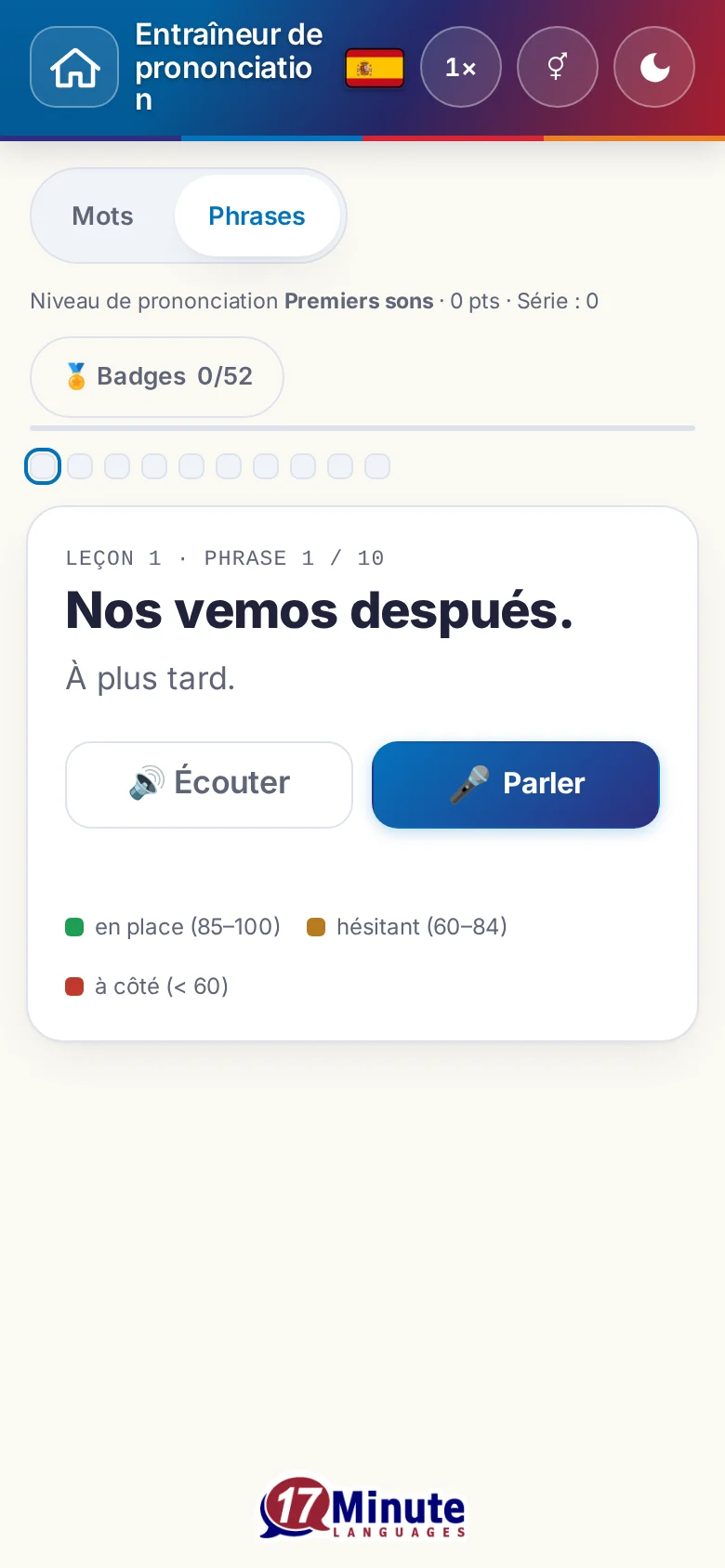 Mobile : un exercice de prononciation démarré avec la phrase cible et la légende de l'évaluation.