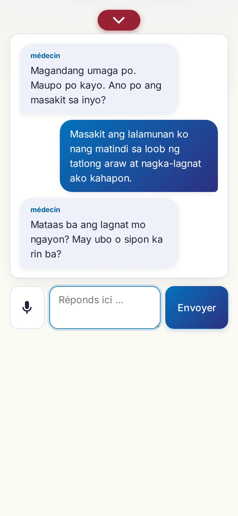 Mobile : une conversation en cours avec saisie au micro.
