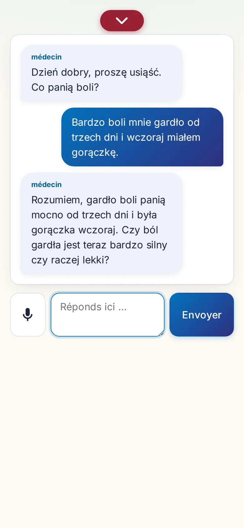 Mobile : une conversation en cours avec saisie au micro.