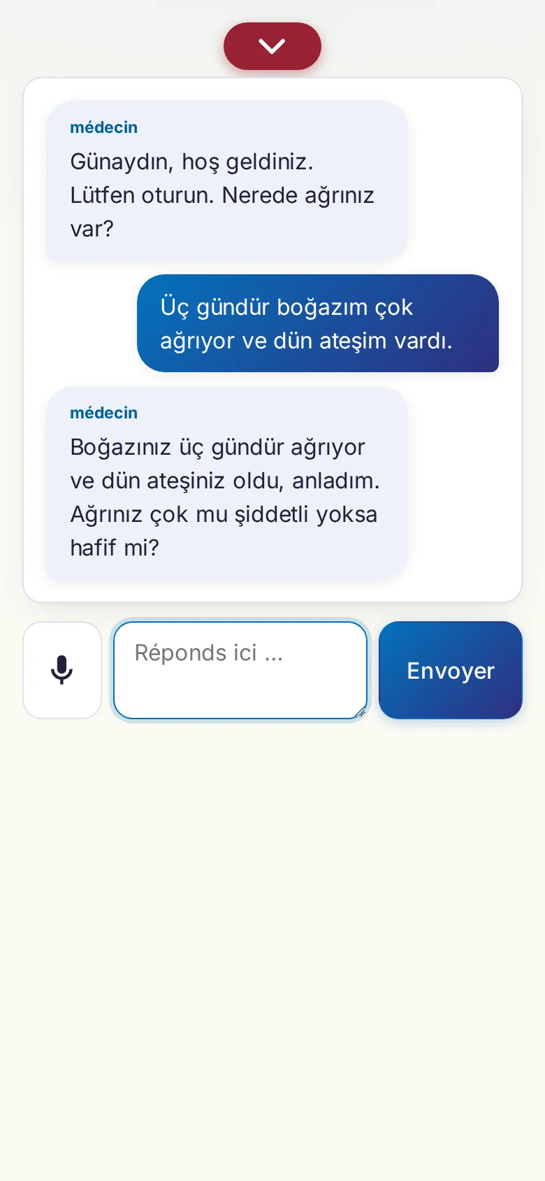Mobile : une conversation en cours avec saisie au micro.