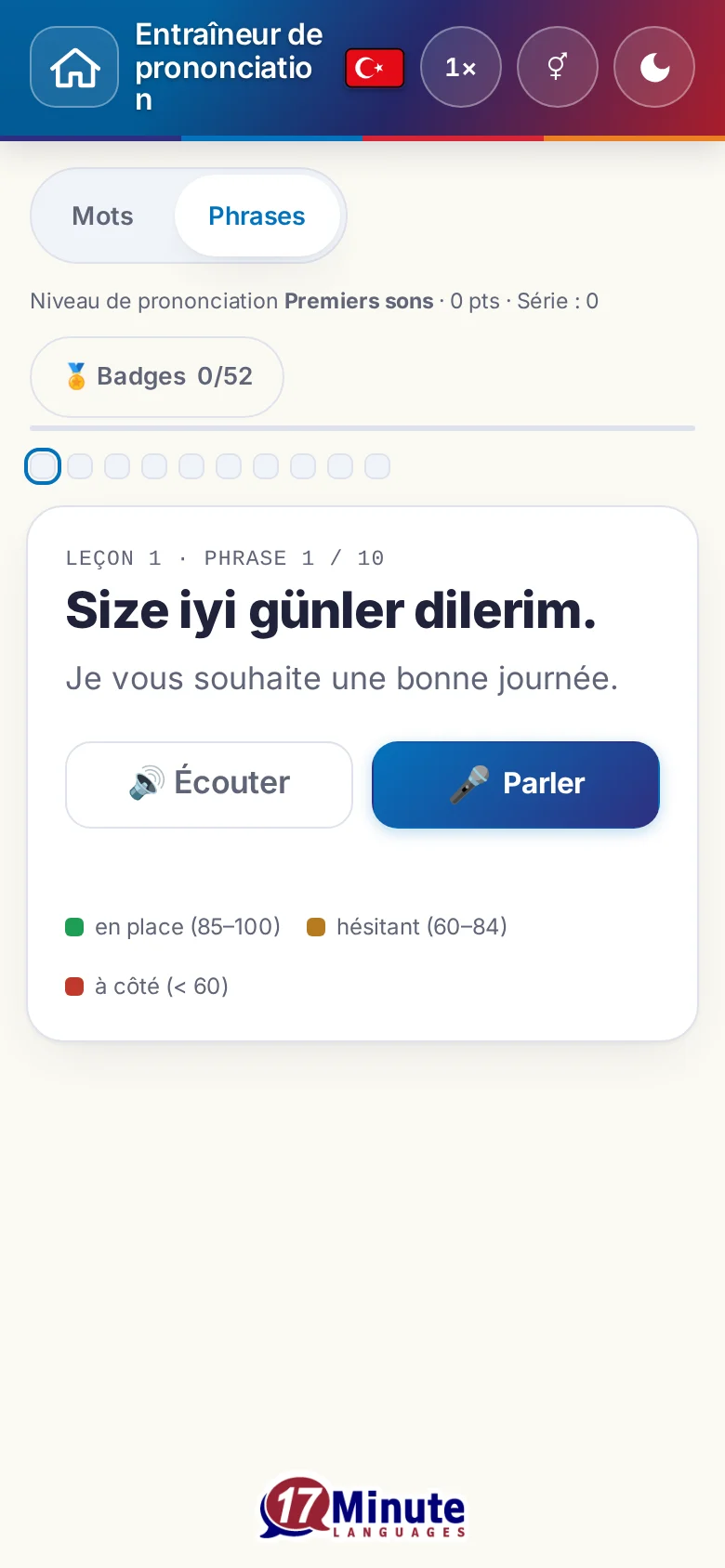 Mobile : un exercice de prononciation démarré avec la phrase cible et la légende de l'évaluation.