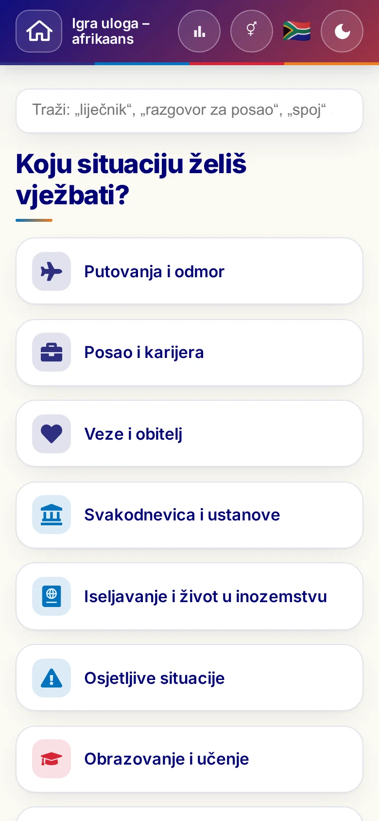 Mobitel: tematski svjetovi Jezične igre uloga.