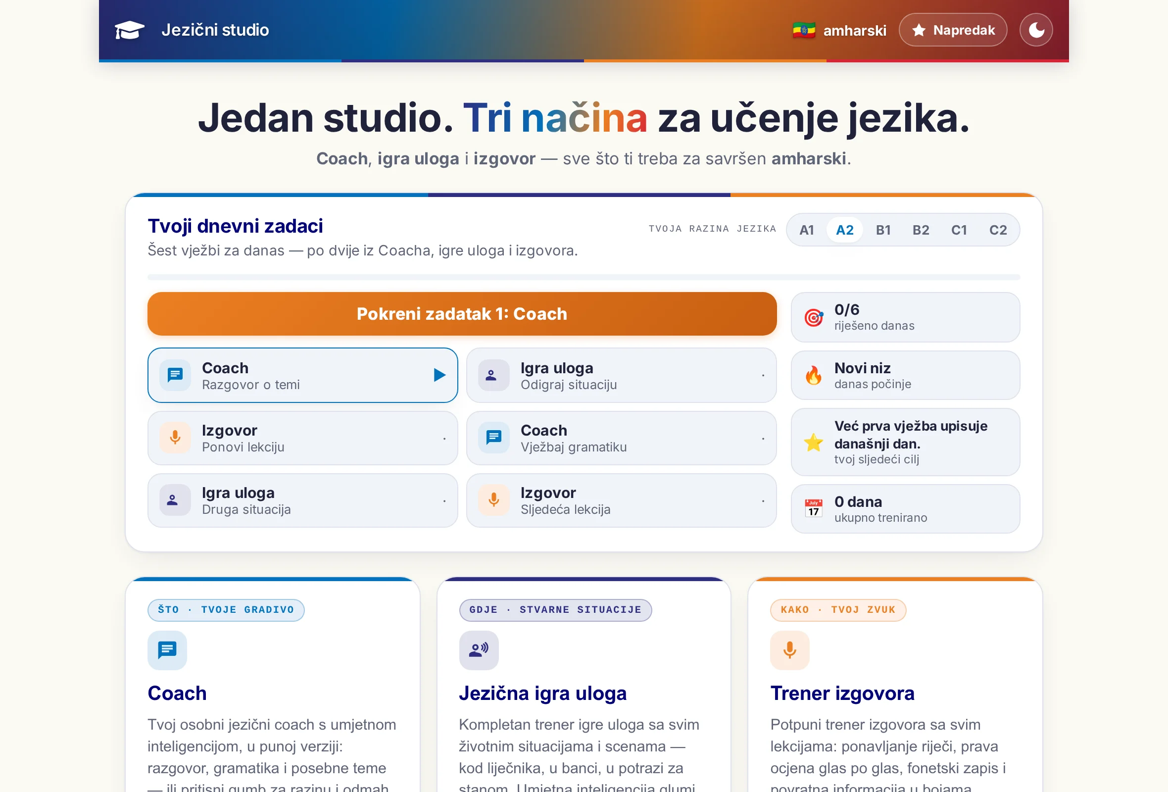 Početna stranica Jezičnog studija: tri programa kao pločice, a iznad njih šest vježbi dnevnog zadatka.