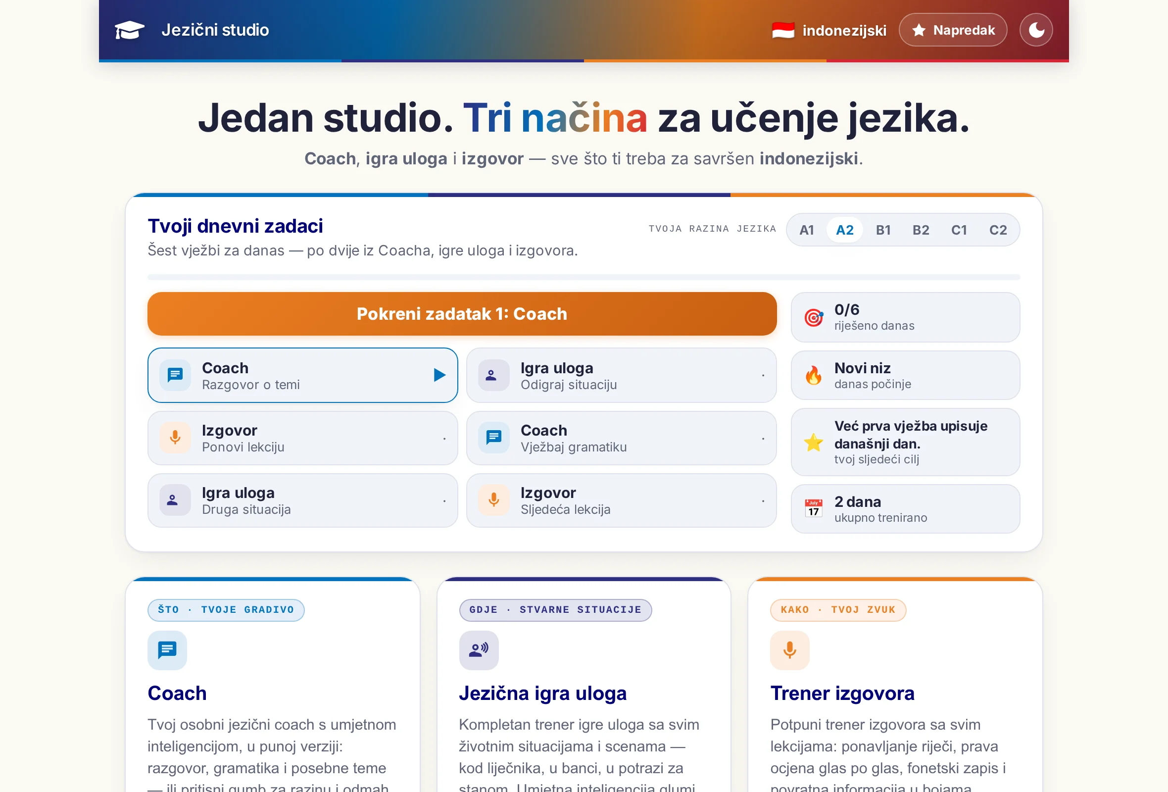 Početna stranica Jezičnog studija: tri programa kao pločice, a iznad njih šest vježbi dnevnog zadatka.
