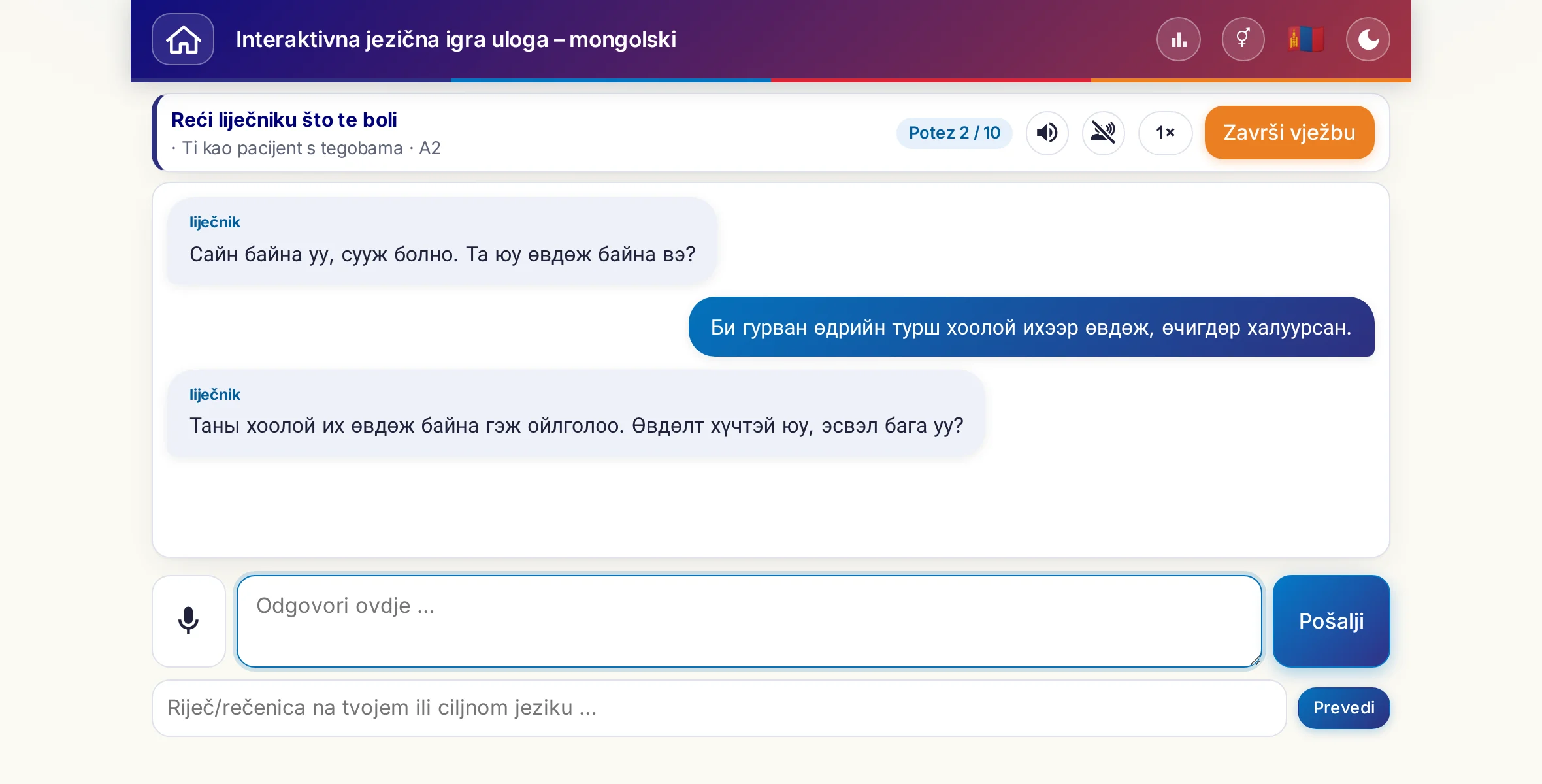 Igra uloga u tijeku: liječnica pita o jačini boli, temperaturi i tijeku dana, polaznik slobodno odgovara i na kraju traži recept.