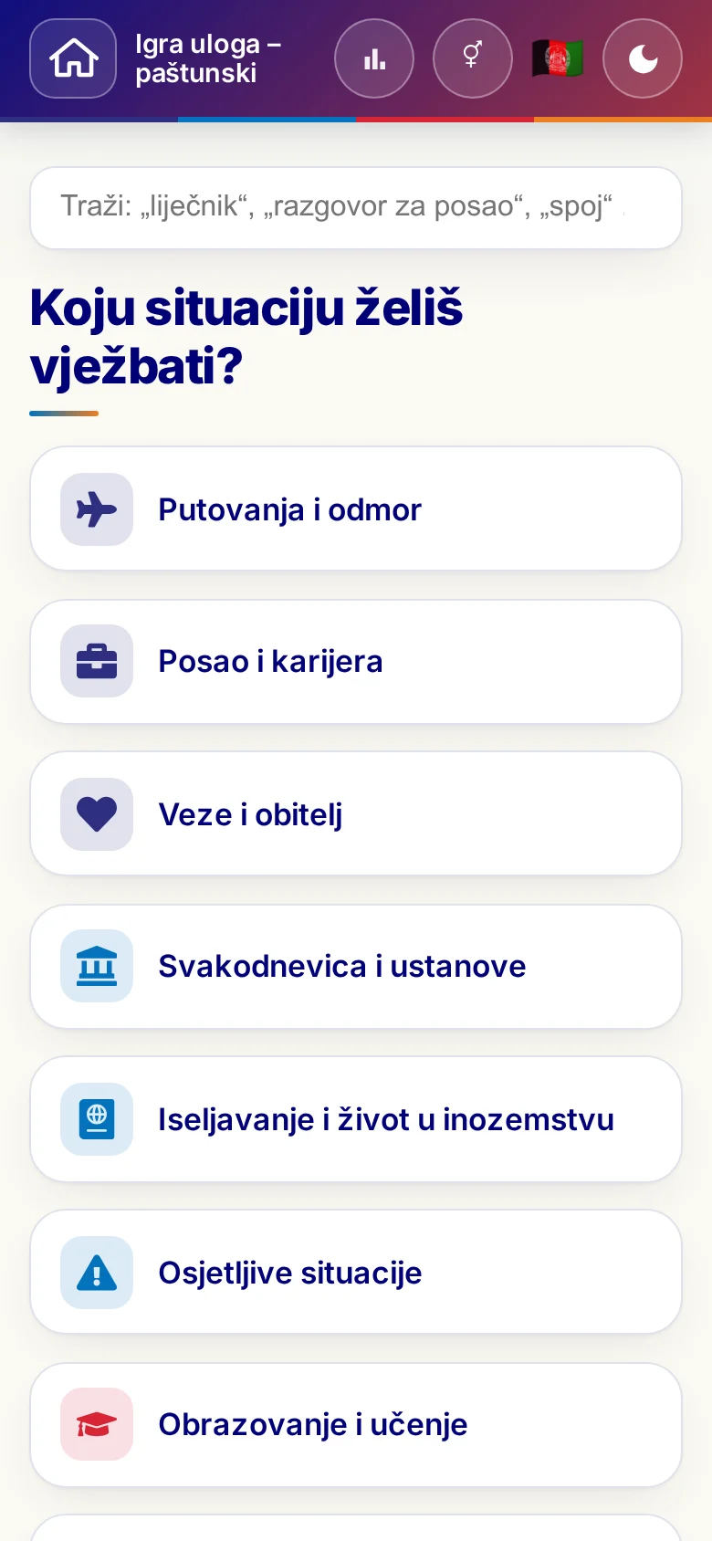 Mobitel: tematski svjetovi Jezične igre uloga.