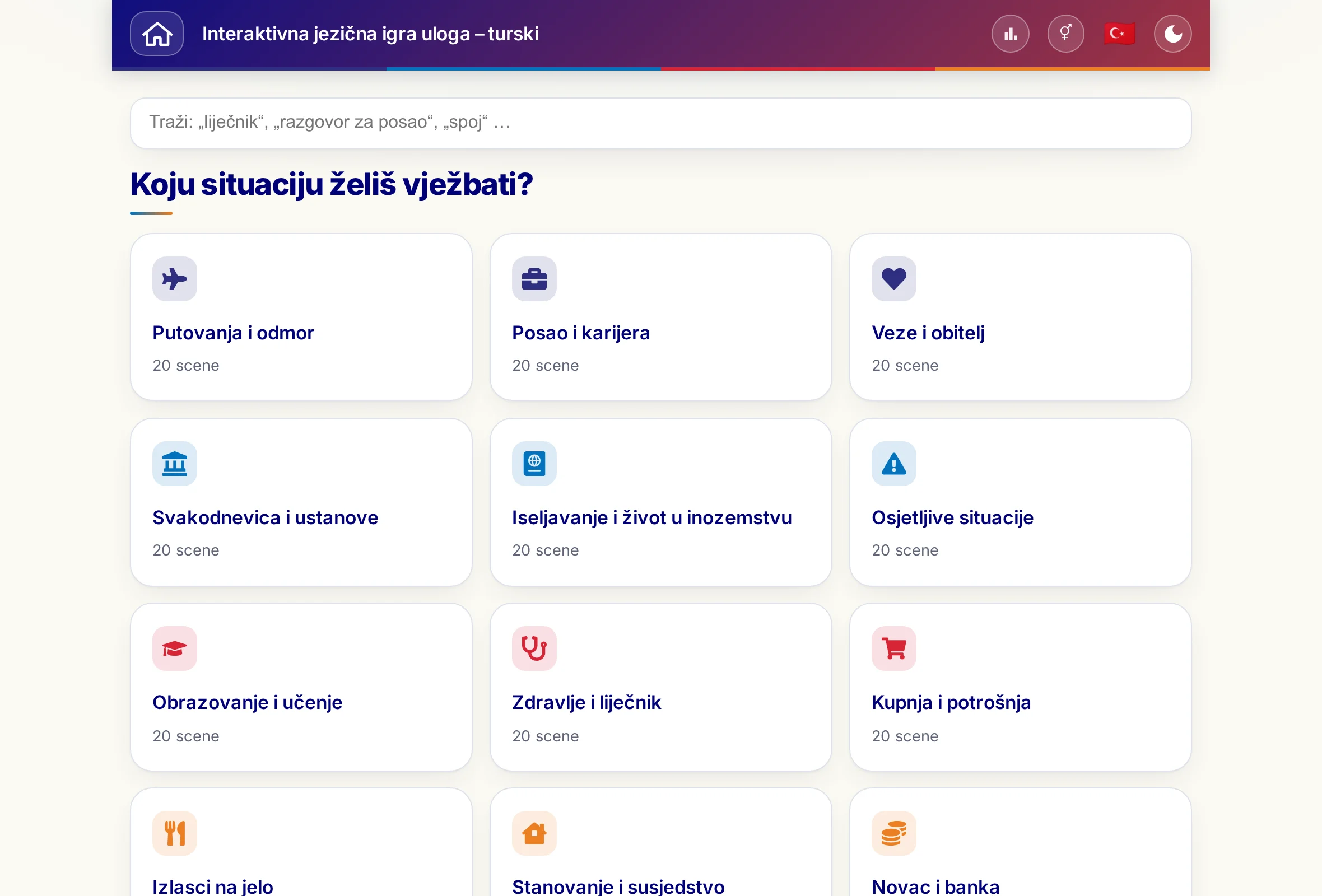 Jezična igra uloga s poljem za pretraživanje i 15 tematskih svjetova.