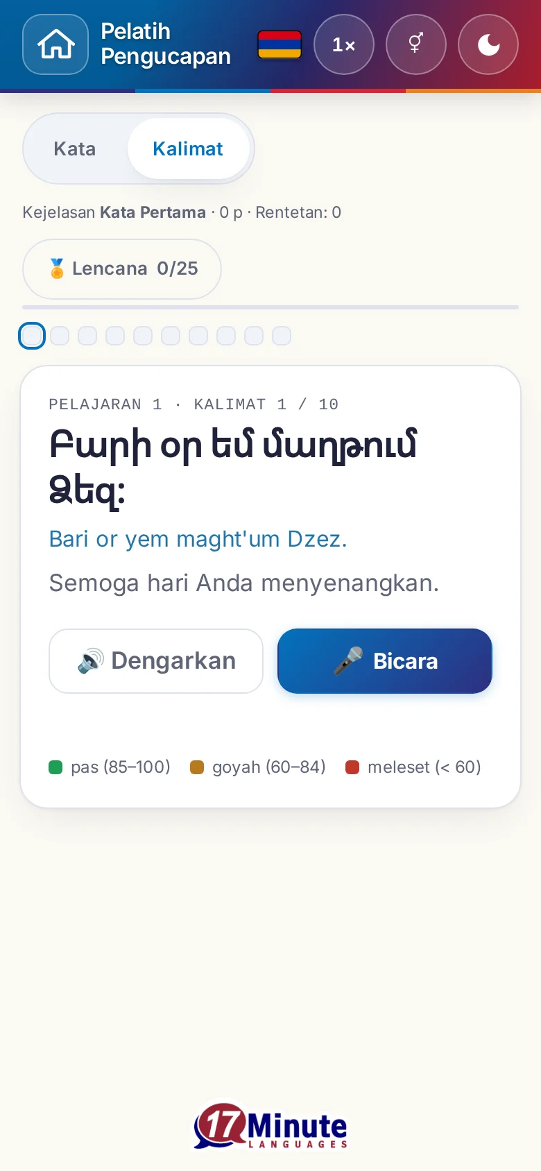 Ponsel: latihan pengucapan yang sudah dimulai dengan kalimat sasaran dan legenda penilaian.