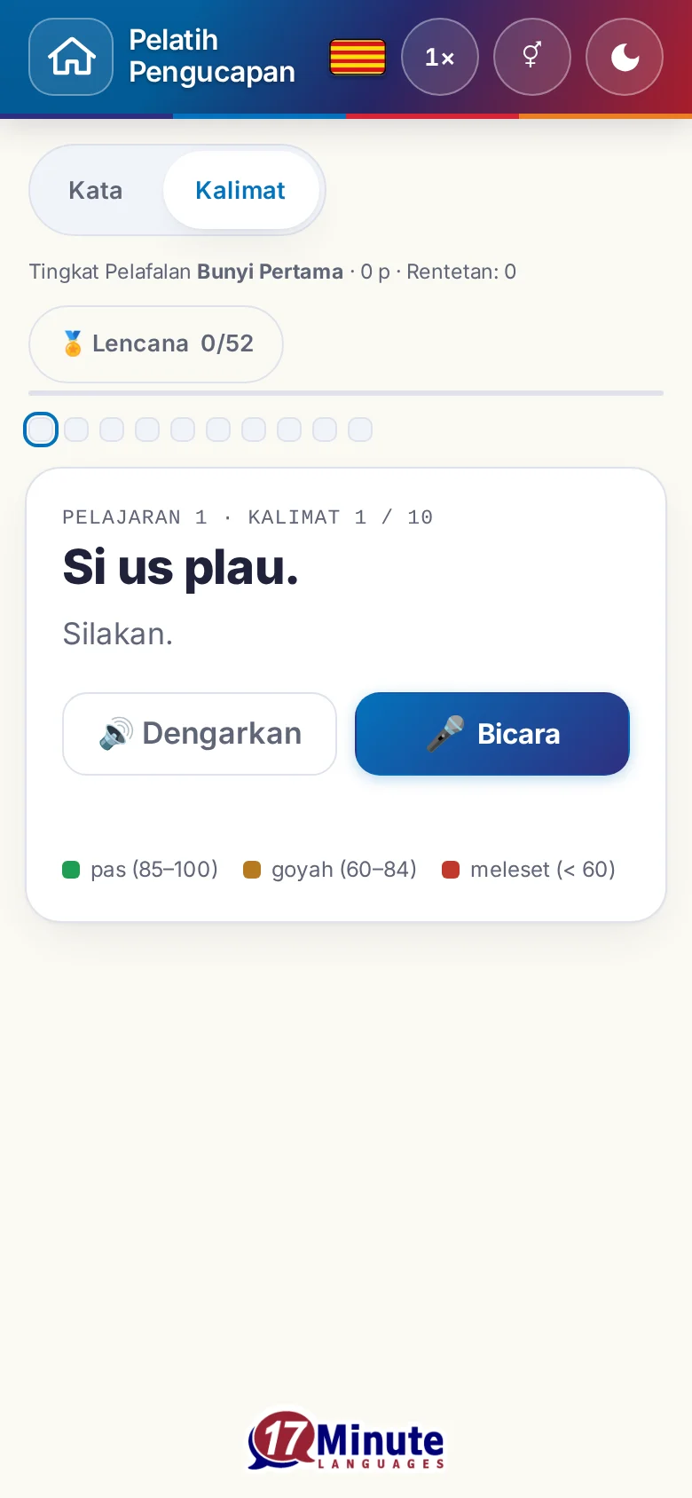 Ponsel: latihan pengucapan yang sudah dimulai dengan kalimat sasaran dan legenda penilaian.