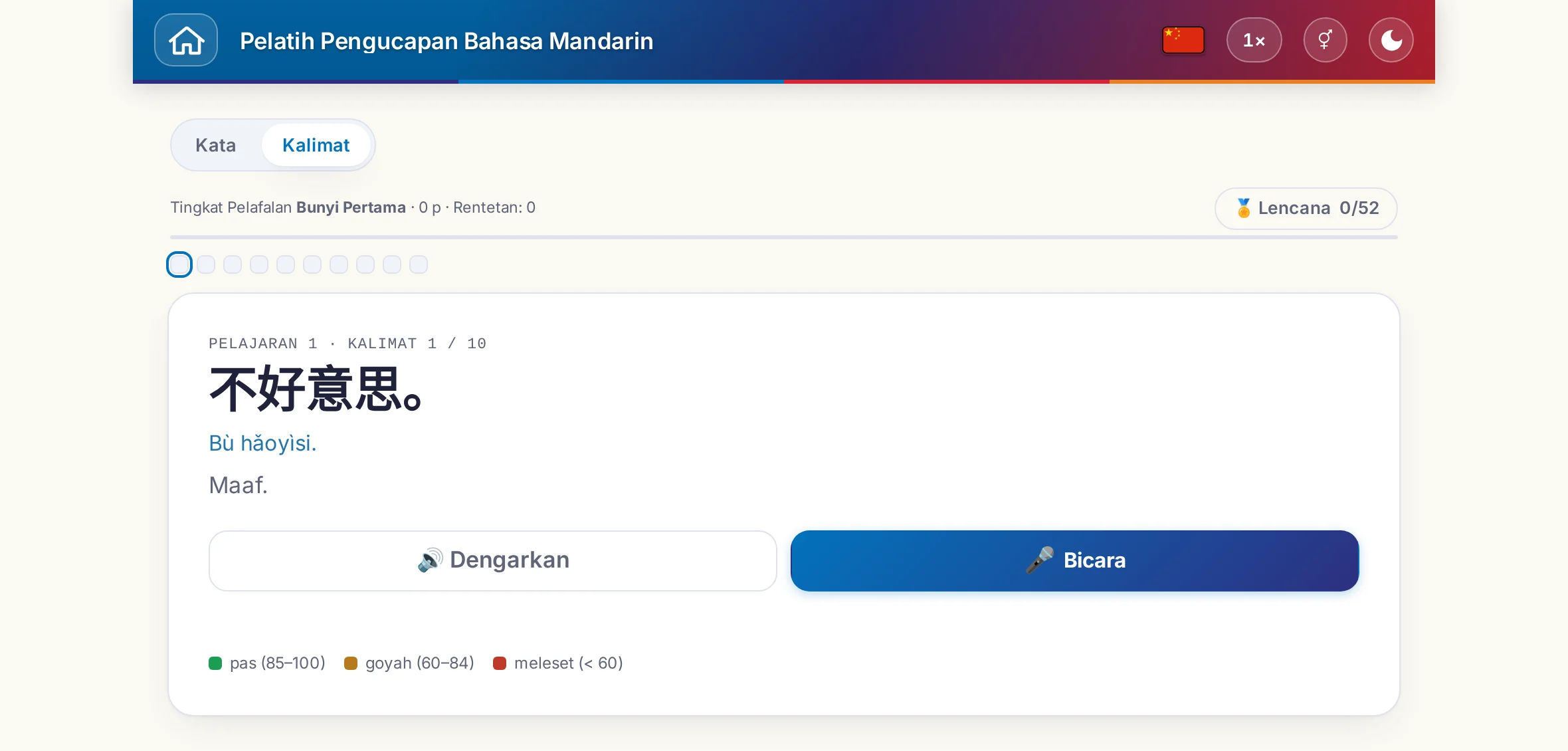 Latihan pengucapan yang sudah dimulai: kalimat sasaran, artinya, Dengarkan dan Bicara, serta legenda warna penilaian.