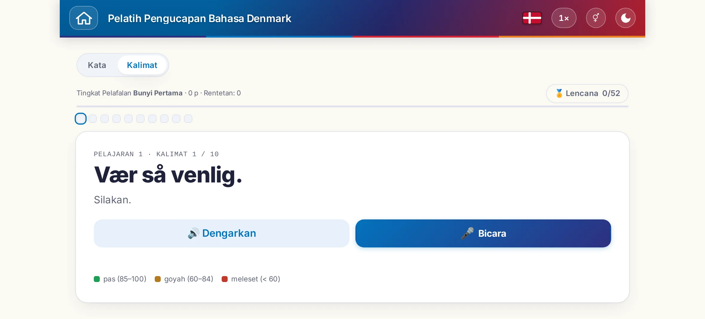 Latihan pengucapan yang sudah dimulai: kalimat sasaran, artinya, Dengarkan dan Bicara, serta legenda warna penilaian.