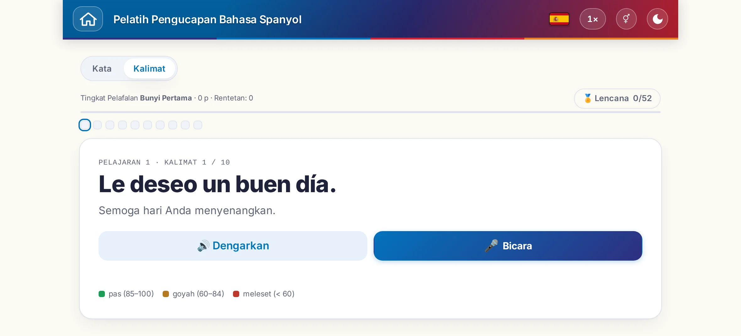 Latihan pengucapan yang sudah dimulai: kalimat sasaran, artinya, Dengarkan dan Bicara, serta legenda warna penilaian.