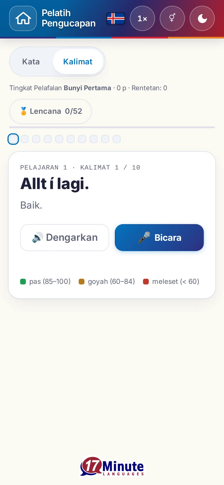 Ponsel: latihan pengucapan yang sudah dimulai dengan kalimat sasaran dan legenda penilaian.