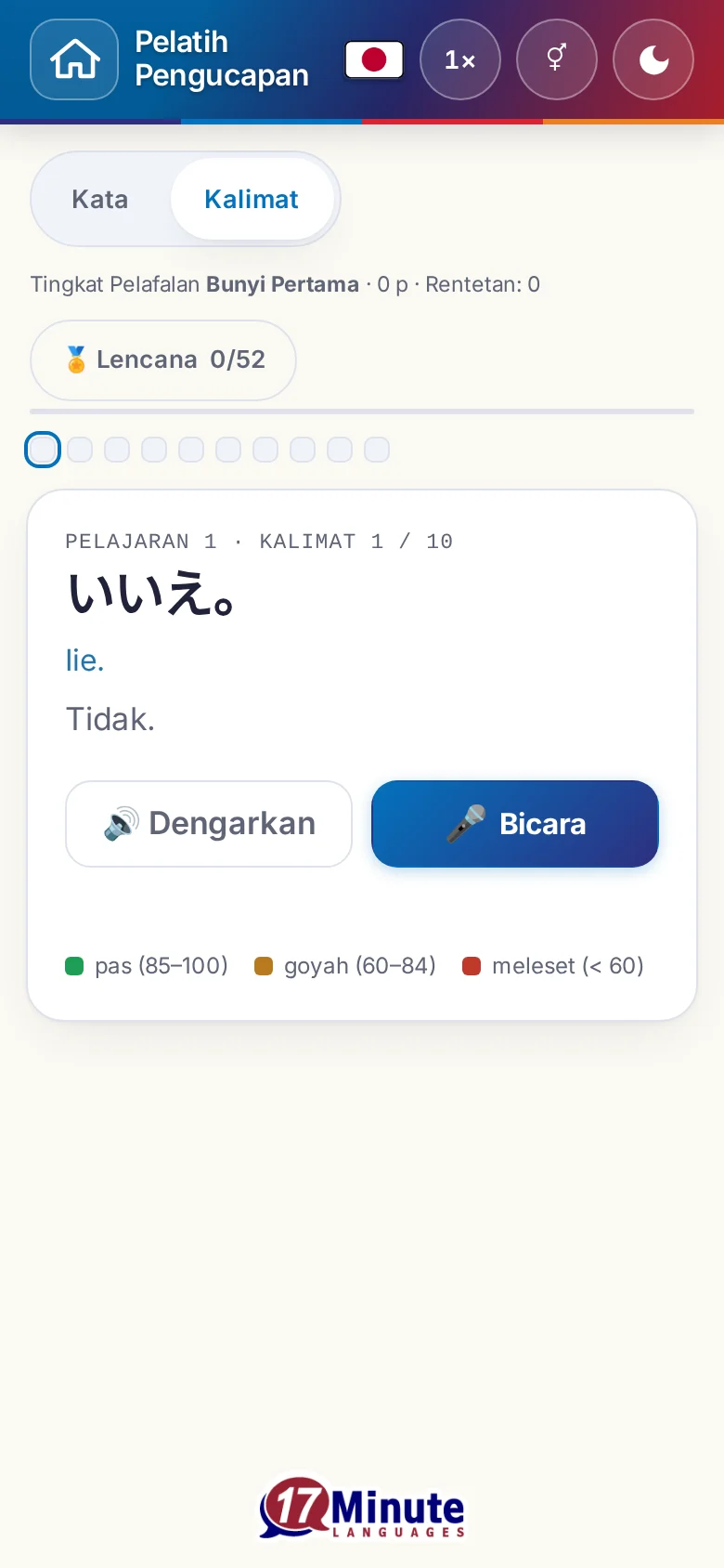 Ponsel: latihan pengucapan yang sudah dimulai dengan kalimat sasaran dan legenda penilaian.