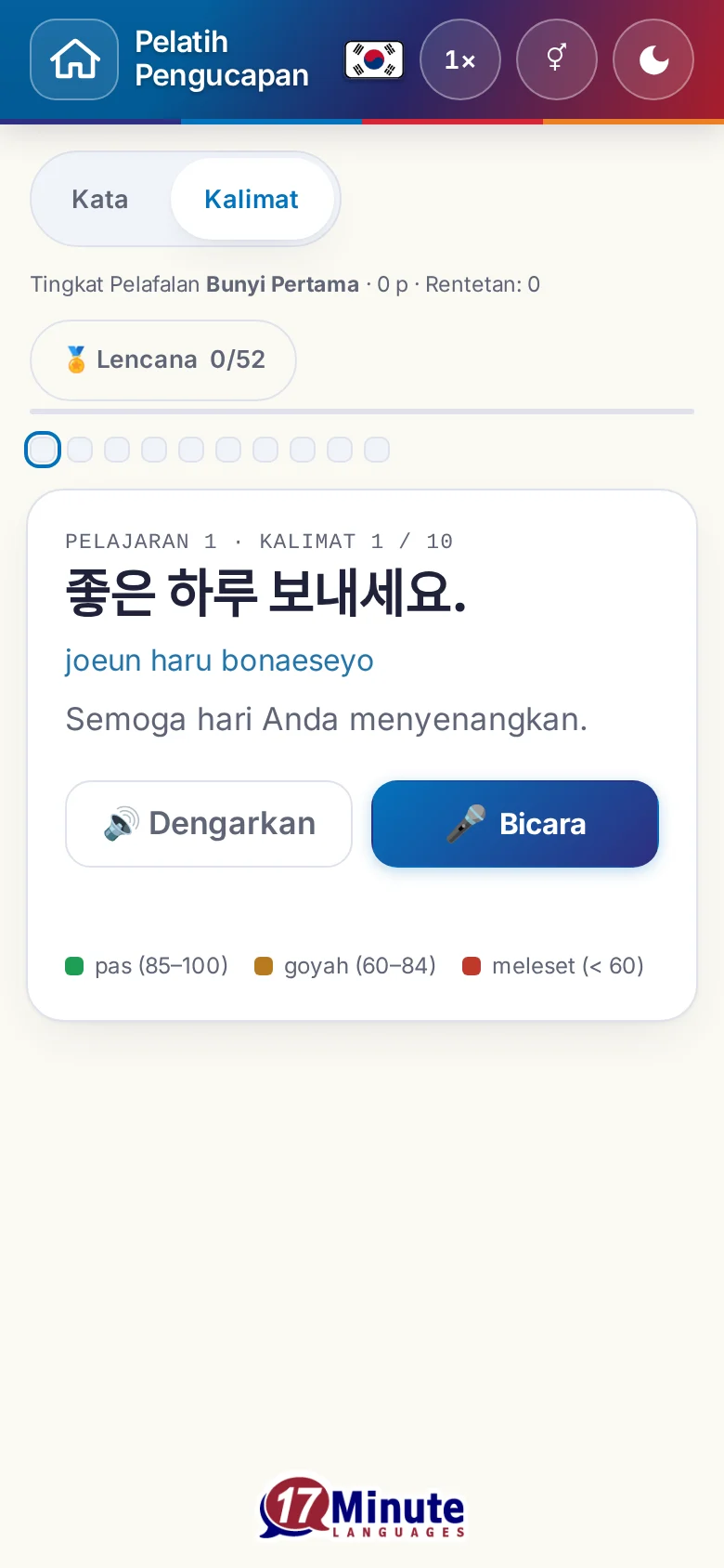 Ponsel: latihan pengucapan yang sudah dimulai dengan kalimat sasaran dan legenda penilaian.