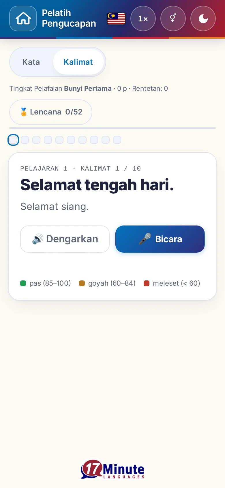 Ponsel: latihan pengucapan yang sudah dimulai dengan kalimat sasaran dan legenda penilaian.
