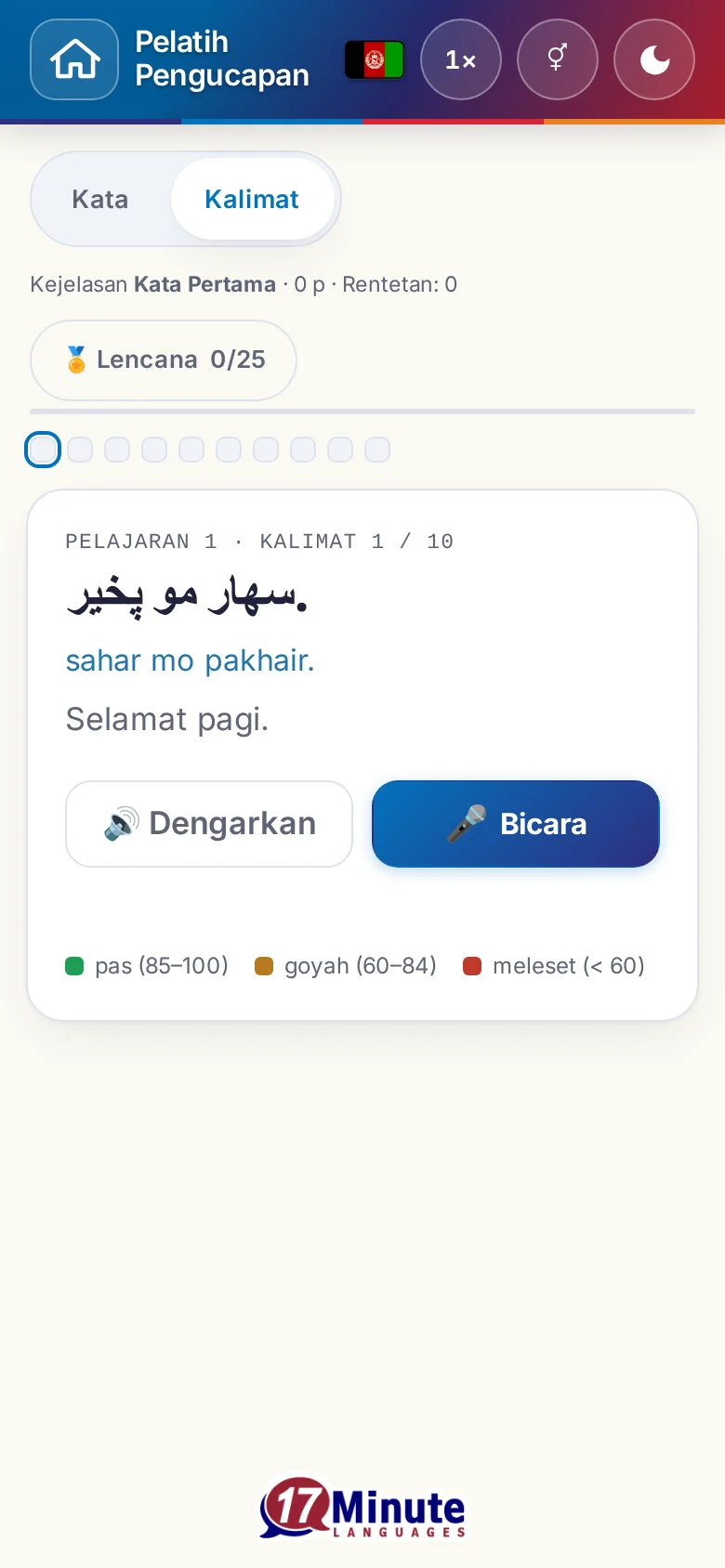 Ponsel: latihan pengucapan yang sudah dimulai dengan kalimat sasaran dan legenda penilaian.