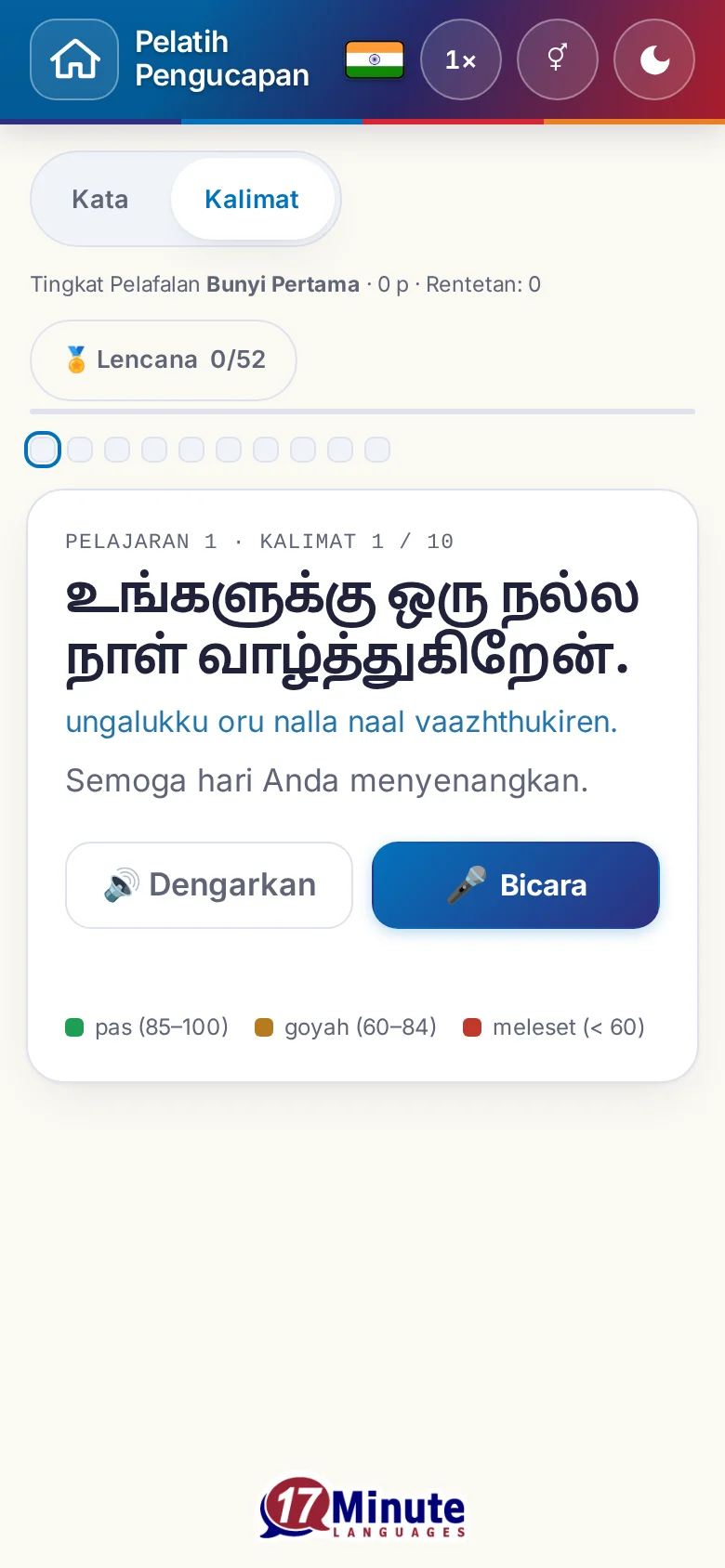 Ponsel: latihan pengucapan yang sudah dimulai dengan kalimat sasaran dan legenda penilaian.