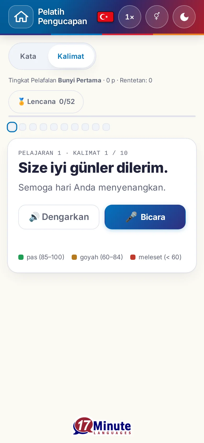 Ponsel: latihan pengucapan yang sudah dimulai dengan kalimat sasaran dan legenda penilaian.