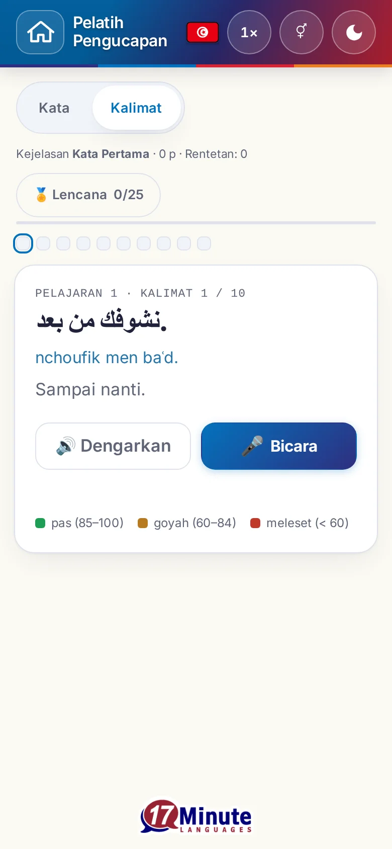 Ponsel: latihan pengucapan yang sudah dimulai dengan kalimat sasaran dan legenda penilaian.
