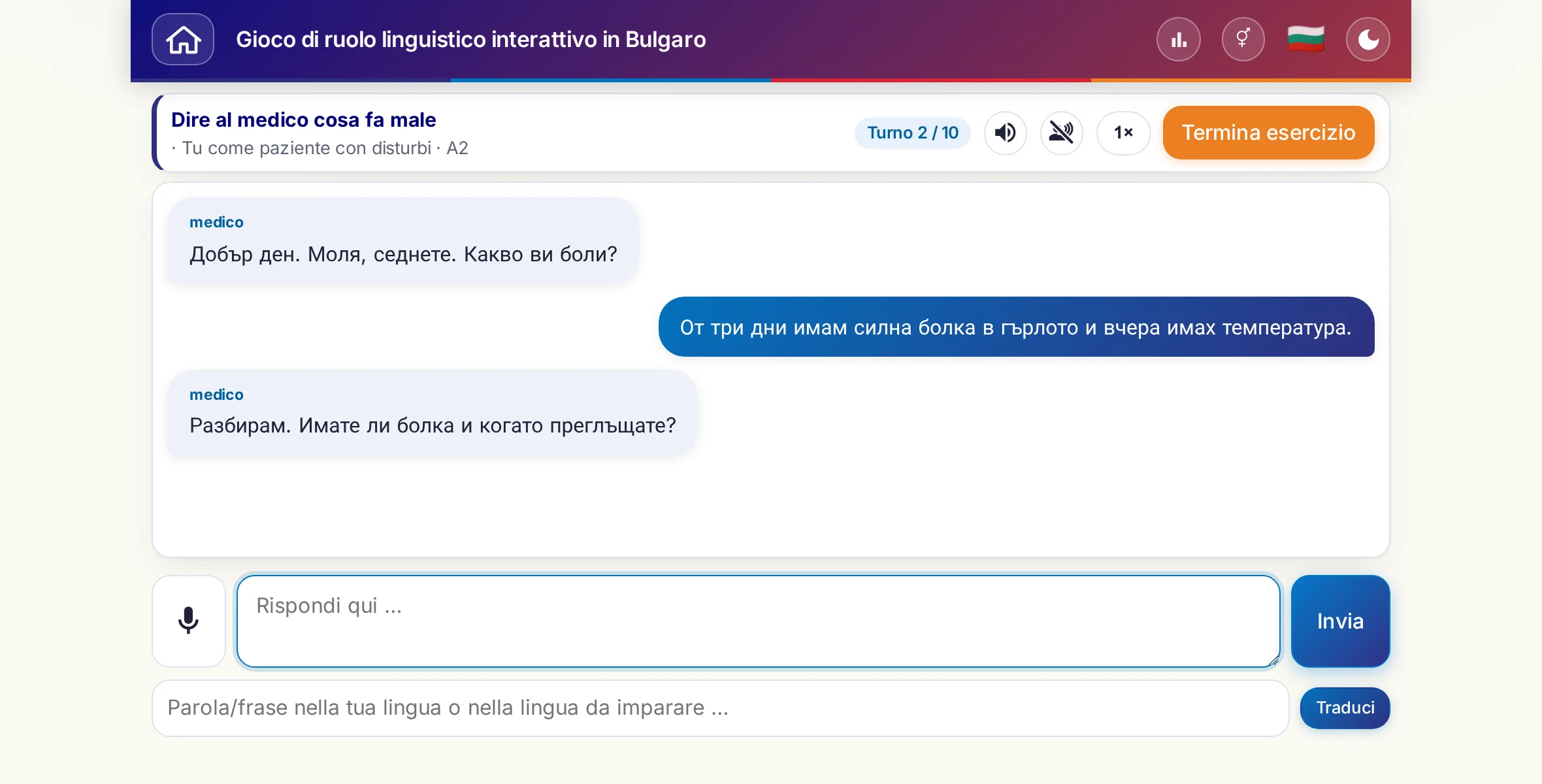 Un gioco di ruolo in corso: la dottoressa chiede l'intensità del dolore, la febbre e l'andamento della giornata, chi impara risponde liberamente e alla fine chiede una ricetta.