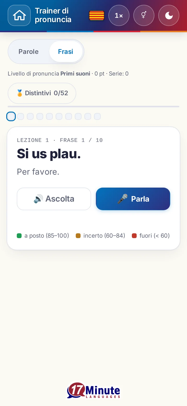 Cellulare: un esercizio di pronuncia avviato con la frase da dire e la legenda della valutazione.
