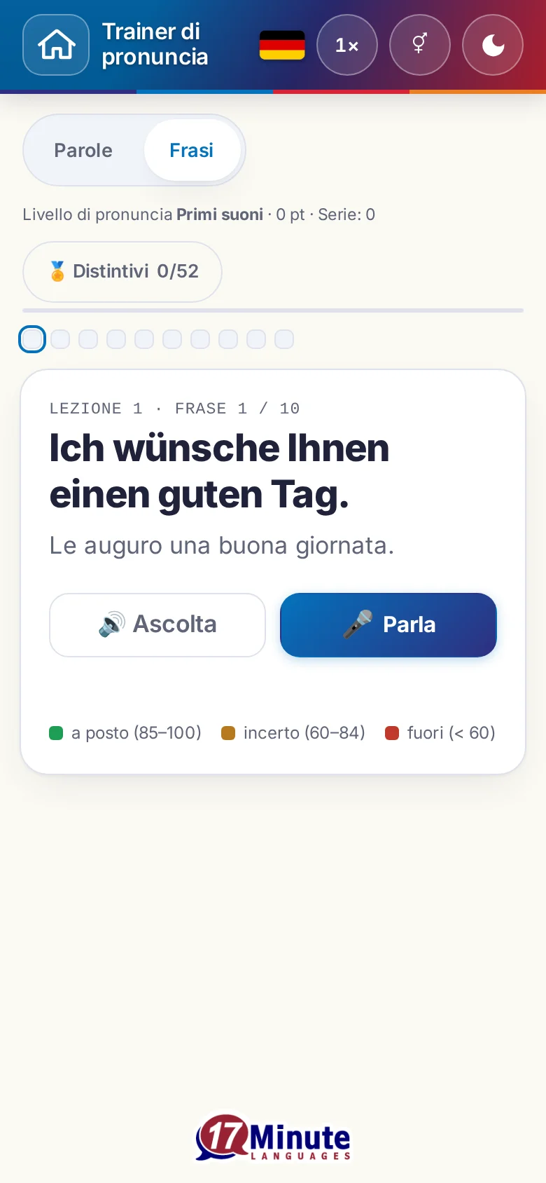 Cellulare: un esercizio di pronuncia avviato con la frase da dire e la legenda della valutazione.