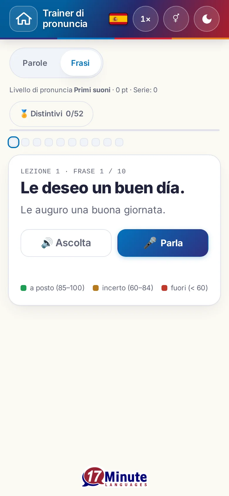 Cellulare: un esercizio di pronuncia avviato con la frase da dire e la legenda della valutazione.