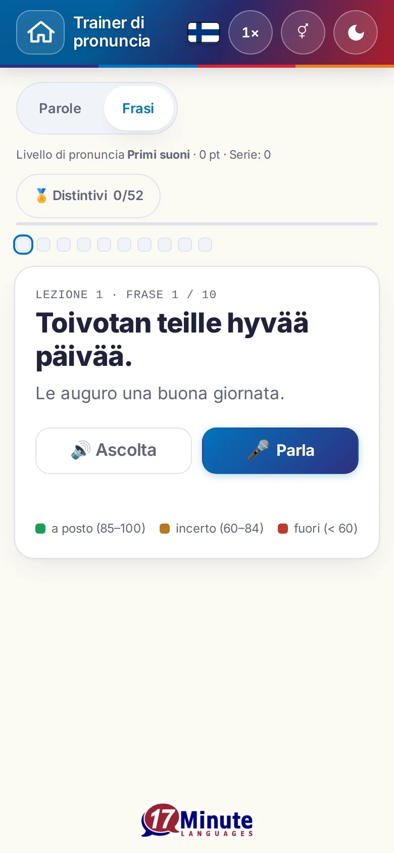 Cellulare: un esercizio di pronuncia avviato con la frase da dire e la legenda della valutazione.