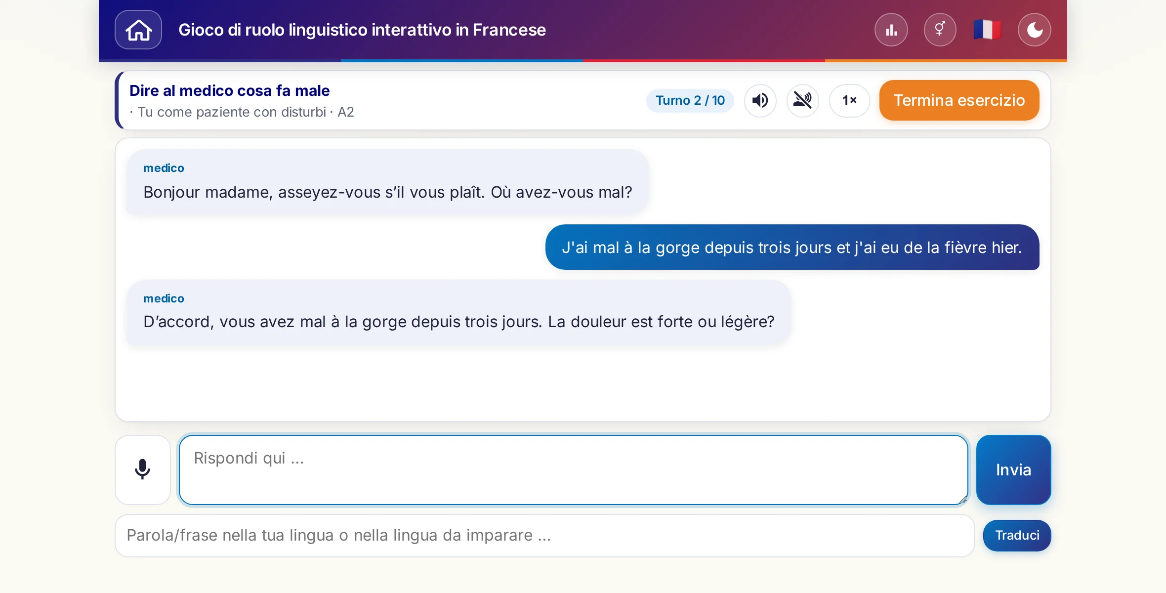Un gioco di ruolo in corso: la dottoressa chiede l'intensità del dolore, la febbre e l'andamento della giornata, chi impara risponde liberamente e alla fine chiede una ricetta.